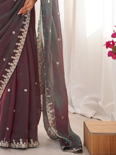 Image of AKHILAM Women's Shimmer Chiffon Sequence Embroidery Saree With Unstitched Blouse Piece(AARYAN21601 KR Parent)