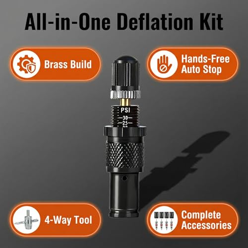 Image of SUVCARMPING Adjustable Auto-Stop Tire Deflator Valve Kit (10-30 PSI) 4 PCS Screw-on Tyre Air Down Tool for Offroad 4x4, Black | Screw-on Tyre Air Down Tool for Offroad 4x4
