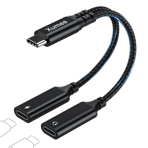 Xumee USB C Splitter 1 in 2 Out Dual USB-C Headphones & Charging Adapter Type C Audio Dongle Cable with Built-in DAC & 60W Fast Charging for iPhone 17/16/15 Series Galaxy S25/S24 Pixel 10 (Black)