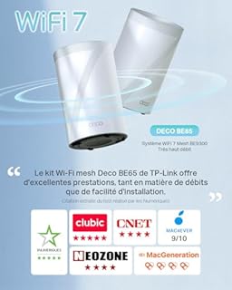 TP-Link Deco Routeur WiFi 7 Mesh BE9300 Tri-Bande, Port Ethernet 2,5G, Couverture de 530㎡, Itinérance IA Transparente, Connectez 200 appareils, Compatible Toutes Les Box Internet, Deco BE65(3-Pack)