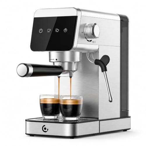 AMZCHEF Cafetera Espresso 20 Bares con Espumador de Leche, 1350W de Acero Inoxidable con Pantalla LED y Depósito Extraíble de 1,2 L, Diseño Compacto para el Hogar