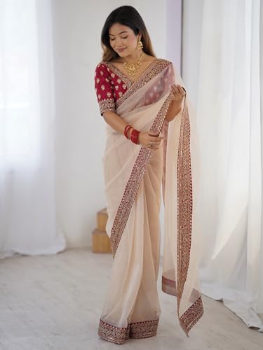 Image of AKHILAM Women's Shimmer Satin Sequence Embroidery Work Border Saree With Unstitched Blouse Piece