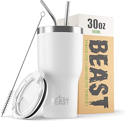 Image of Beast 30 oz White Tumbler Stainless Steel Insulated Coffee Cup with Lid, 2 Straws, Brush & Gift Box by Greens Steel (30 oz, Arctic White)