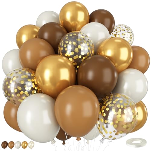 Lot de 50 ballons en latex avec confettis dorés pour fête prénatale, mariage, fête d'anniversaire - 30,5 cm - marron et doré