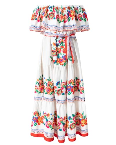 Women Mexican Dress Off Shoulder Floral Long Maxi Dress Cinco de Mayo Dresses with Belt (Large,White)