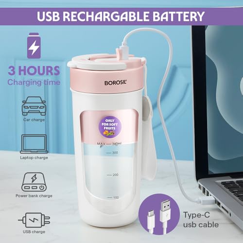 Image of Borosil NutriSip Pink Portable Blender | 40W Low-Noise DC Motor | 340ml Unbreakable PC Jar | USB Rechargeable | Turbo 6 Blade Action | Smoothies, Shakes, Soft Fruit, Protein Mix | 1 Year Warranty