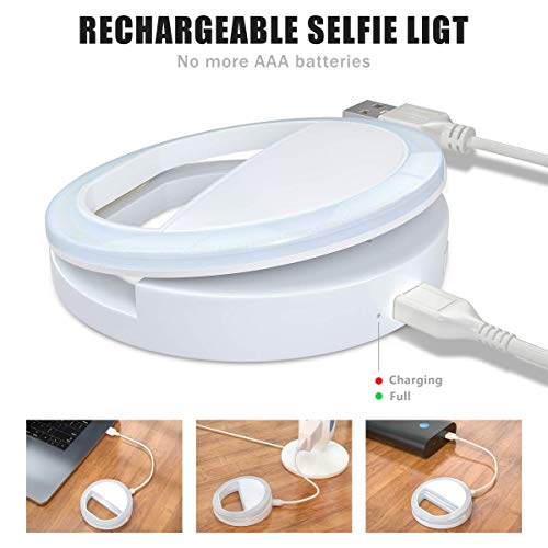 Meifigno Selfie Ring Light, [Rechargeable] with 36 LED Lights, 3-Level Adjustable Brightness Clips On Phone Ring Light Compatible with iPhone X Xr Xs 7 8 Plus 11 12 Pro Max iPad Laptop Samsung, White - Thumbnail 5