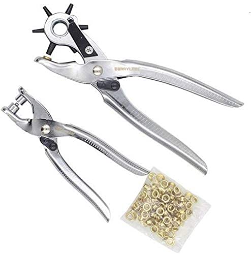 SHUANGYOU Multi-Function Metal Handheld Leather Belt Hole Punch Tool and Grommet Setting Kit,Eyelet Pliers Button Setter Tool Kit Set of 2