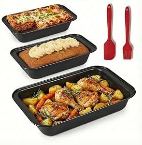 2PCS-Stackable Bakeware Set: 8 Inch Square Cake Pan 2 Pack + Baking Sheet Set of 3, Nonstick Oven Pans for Baking, Roasting & Lasagna, Easy Clean, Space Saving