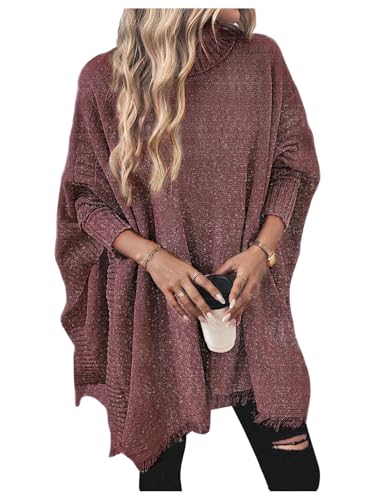 Verdusa Women's High Neck Poncho Sweater Long Sleeve Raw Hem