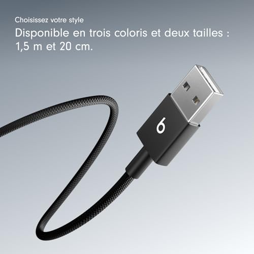 Beats USB-A vers USB-C Câble tissé , charge rapide, design durable et anti-nœuds, chargeur compatible pour les appareils Apple et Android (1,5 m) - Noir intense