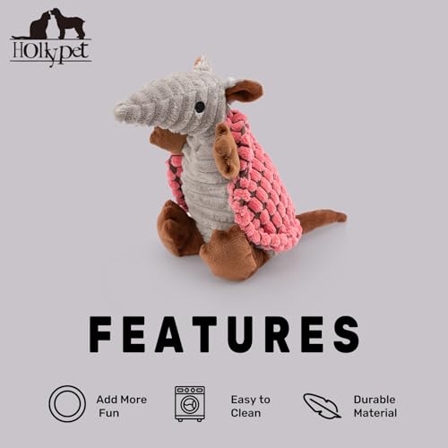 Image of Hollypet Plush Dog Squeaky Toy Stuffed Armadillo Animal Pet Puppy Chew Toys with Clean Teeth for Small Medium Large All Breed Sizes Dogs, Bright Pink,8 in