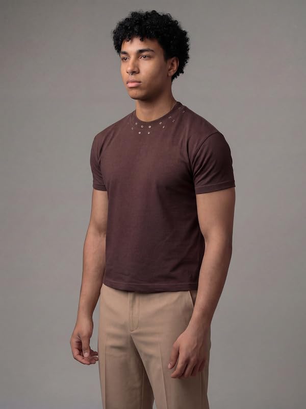 Image of FUGAZEE 100% Cotton Brown Eyelet Detail Cropped T-Shirt | Short Sleeves & Round Neck