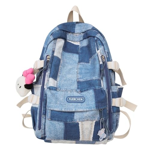 JHTPSLR Denim Patches Sewing Canvas Backpack Y2K Aesthetic Backpack Cute Cowboy Backpack Preppy Backpack Bookbag Laptop Backpack Mochilas (Blue+Plushies)