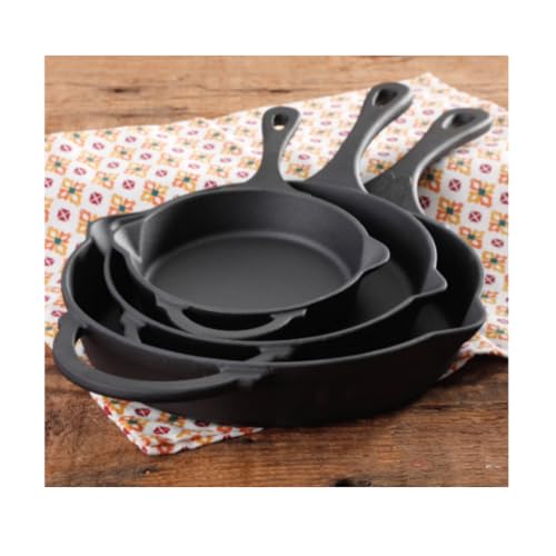 Pioneer Woman 3 Piece Cast Iron Skillet Set Pre Seasoned Oven Safe (Timeless Beauty)