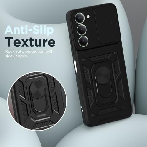 Image of Pikkme Back Cover for Redmi 15 5G | 360 Protection Case | Sliding Camera Shield Cover & Ring Holder Stand D10 Tough Armor Bumper Case (Black)