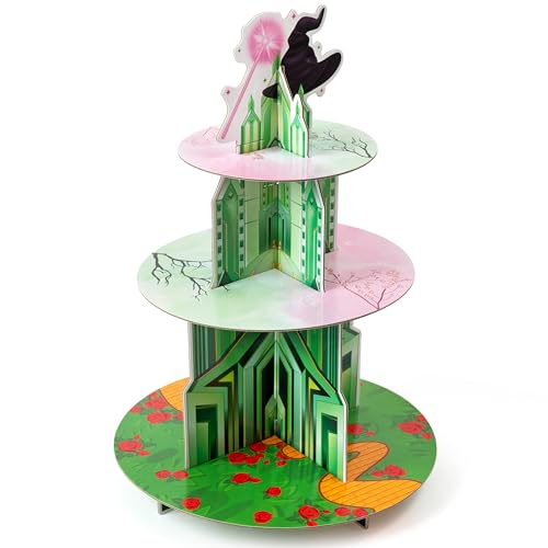 BOpusail 3 Tiers Cupcake Stand - Princess Crowns and Witch Hats Halloween Theme Dessert Holder Pink Green Emerald Castle Cake Tower Party Supplies Birthday Decor for Kids