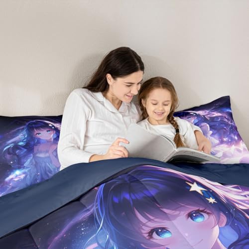 Image of Erosebridal Anime Girls Bedding Anime Gifts Comforter Set for Kids Purple 3D Galaxy Printing Bedding Sets, Cartoon Long Curly Hair Girly Printed Comforter Kids Kawaii Japanese Girl Bed Set, Queen