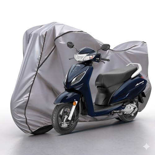 Image of Waterproof Bike Body Cover Compatible with Honda Activa 6g Dustproof Scratchproof - Motorcycle Cover for Two Wheeler, Outdoor Full Cover with UV, Duty, Rain Protection (Silver & Black) R1