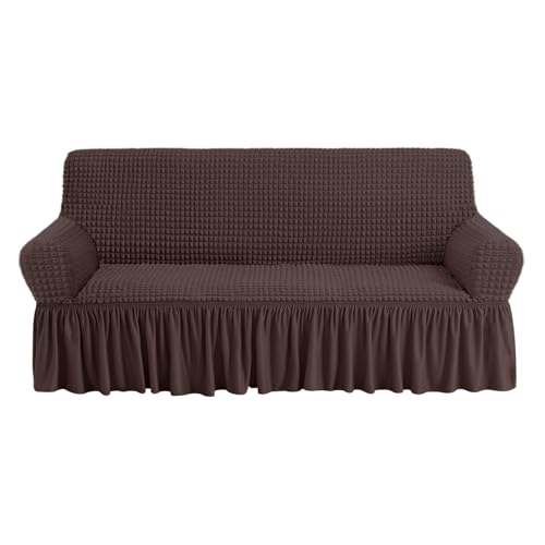 NICEEC Sofa Slipcover Brown Sofa Cover 1 Piece Easy Fitted Sofa Couch Cover Universal High Stretch Durable Furniture Protector with Skirt Country Style (3 Seater Chocolate Brown)