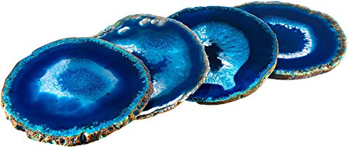 Blue Agate Coasters Set of 4 - 3.5-4 - Brazilian Geode Crystal Decor - (3.5-4 Blue) Blue Agate Coasters Set of 4 - 3.5"-4" - Brazilian Geode Crystal Decor - (3.5"-4" Blue)