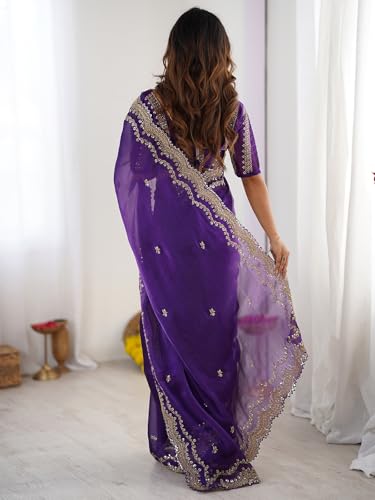 Image of Satrani Women's Shimmer Chiffon Sequins Embroidery Saree with Unstitched Blouse Piece