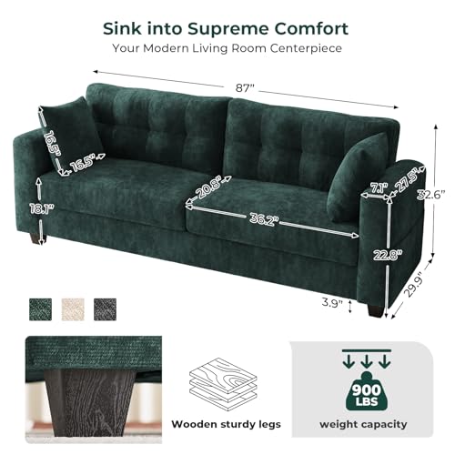 Image of 87 inch Loveseat Sofa for Living Room, Modern Chenille Cloud Couch with USB /Type-C Charging Ports, Side Pockets, Removable Cover, Wide Armrests, Small Couch for Small Space, Easy Assembly, Green