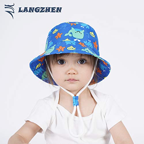 Image of LANGZHEN Sun Protection Hat for Kids Toddler Boys Girls Wide Brim Summer Play Hat Cotton Baby Bucket Hat with Chin Strap