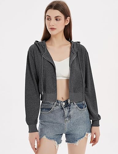 Image of Casual Wear Solid Crop Zipper Jacket Hooded Neck Full Sleeves with Kangaroo Pocket Hoodie for Women