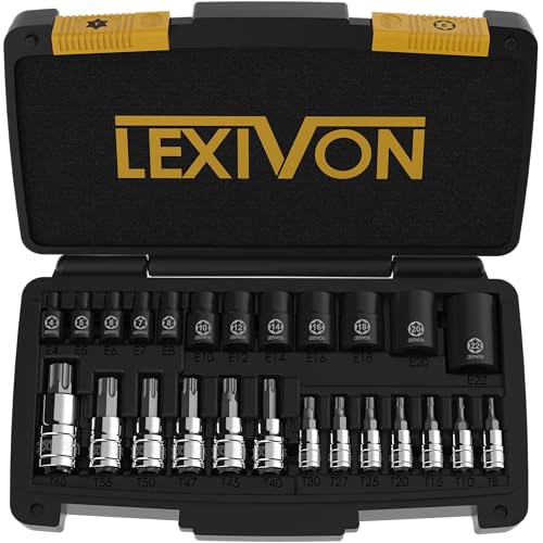 LEXIVON Master Torx Bit and Socket Set, Premium S2 Alloy & Cr-V Steel | 25-Piece, Bit Socket T8-T60 & E-Torx E4-E22 | Heavy-Duty Storage Case (LX-148)