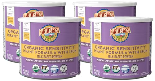 Image of Earth's Best Organic Sensitive Baby Formula for Babies 0-12 Months, Reduced Lactose Powdered Infant Formula with Iron, Omega-3 DHA, and Omega-6 ARA, 21 oz Formula Container (Pack of 4)