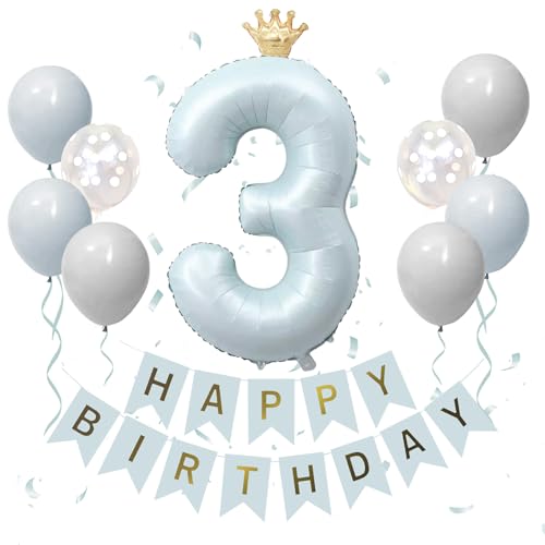 Iysoll 3歳 風船 誕生日 飾り付け 大きい 数字 風船 40インチ くすみカラー ナンバーバルーン 王冠 三歳 誕生日 飾り セット babyblue バースデーバルーン 3 ブルーのサムネイル