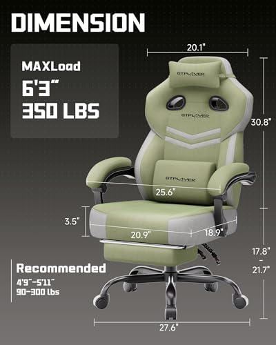 Image of GTPLAYER Big & Tall Gaming Chair, Wide Reclining with Footrest for Adults | Ergonomic High Back Computer Desk Chair, Comfort Padded Seat with Lumbar Support for Big /Tall, Office /Home, Green