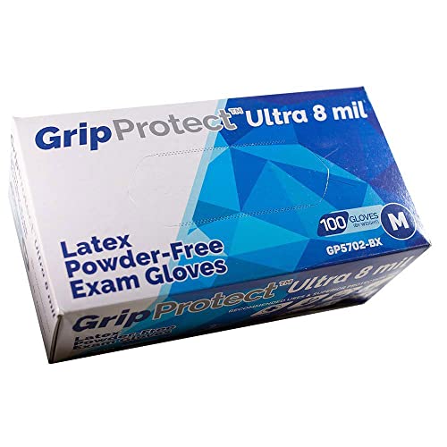 GripProtect Ultra 8 Mil Latex Exam Gloves, Disposable, Textured, Medical, Automotive, Janitorial, Home, EMS, Hospital, Law-Enforcement (Medium 100)