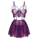SPORCLO Lingerie for Women Plus Size Sexy Lace Sheer Babydoll See Through Purple Nightdress Strappy Mesh Sleepwear