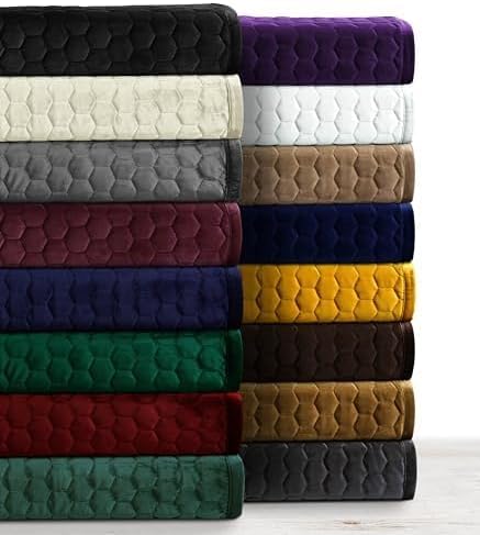 Tribeca Living Velvet Queen Quilt, Three-Piece Honeycomb Stitch Bedding Set Includes One Oversized Quilt & Two Sham Pillowcases, 260GSM Super Soft Velvet, Lugano/Emerald Green - Image 7
