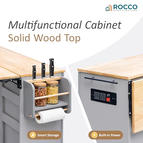 Image of Rocco Walky Kitchen Island Storage Cabinet with Wheels, Solid Rubber Wood Top, Fluted Acrylic Doors, Built-in Power Sockets & LED Lights, Soft-Close Hinges & Side Organizer (Grey, Large & Extendable)
