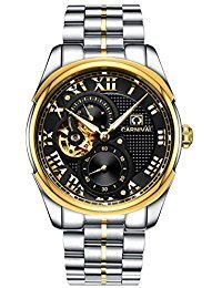 CARNIVAL Men's Automatic Mechanical Watch Retro Roman Applique Analog Luminous Stainless Stell Band (Gold White)