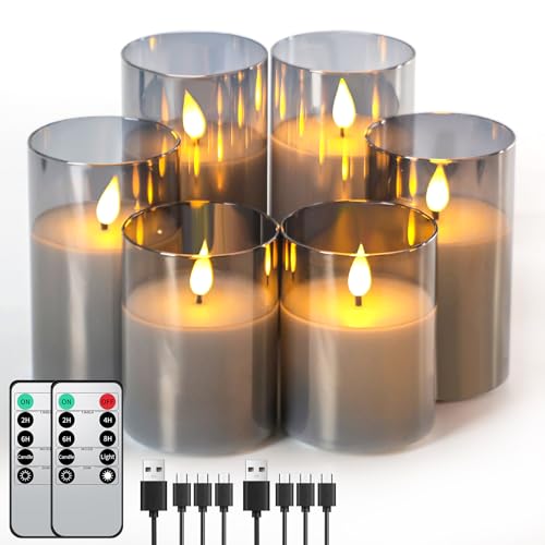 Forever Speed 6 Piezas Vidrio Gris Velas LED Recargable con Mando a Distancia, Regulable Velas Sin Llama con Cable de Carga USB para La Decoración Casera del Partido, Acampar, Boda, Regalos