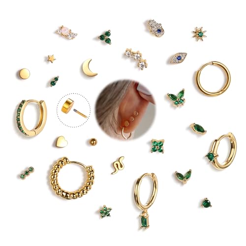25Pcs Hypoallergenic Surgical Steel Earrings for Sensitive Ears 14K Gold Plated Flat Back Cartilage Earrings for Women Men Emerald CZ Screw Back Flatback Stud Hoop Earring Set for Multiple Piercing