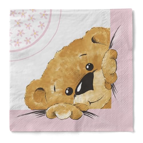 Sovie HOME Serviette TEDDY aus 3-lagigem Tissue, 33 x 33cm, 1/4 Falz, 20 Stück, Design zauberhaftes Teddy-Design in sanften Pastellfarben, Ideal für Babyshower Taufe Geburtstag