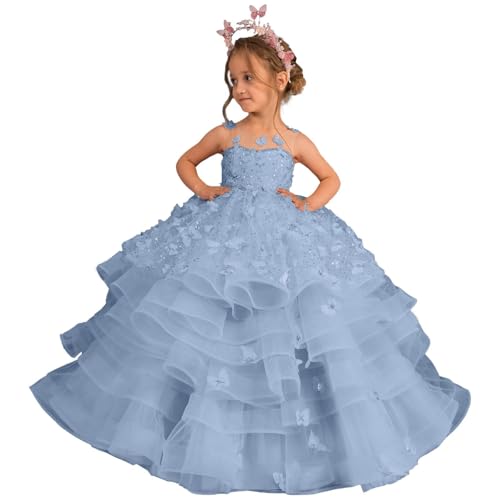 Butterfly Flower Girl Dress Appliques Princess Lace Puffy Tiered Pageant Birthday Party Ball Gowns