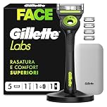 Gillette Labs Rasoio Uomo, con 5 Lamette da Barba di Ricambio, Base Magnetica e Barra Integrata Elimina Impurità Pelle, Rasatura Facile, Comfort Ottimale, Custodia da Viaggio, Nero, Idea Regalo