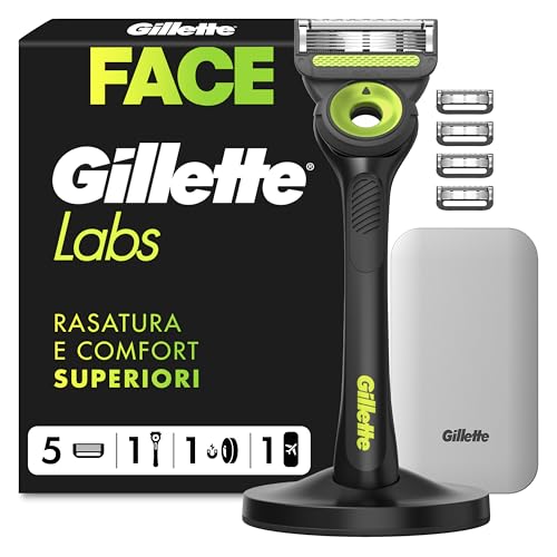 Gillette Labs Rasoio Uomo, con 5 Lamette da Barba di Ricambio, Base Magnetica e Barra Integrata Elimina Impurità Pelle, Rasatura Facile, Comfort Ottimale, Custodia da Viaggio, Nero, Idea Regalo