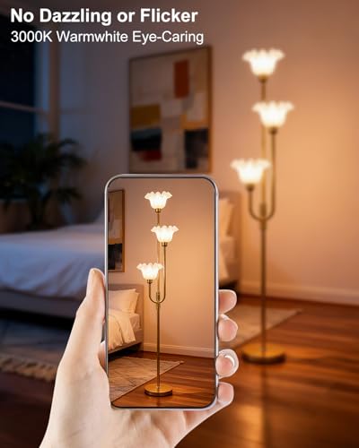 Image of Lightdot 66IN Flower Floor Lamp 3-Lights Vintage Floor Lamps with 3000K Bulbs Included for Wedding Party Modern Dimmable Gold Tall Standing Lamp with 5Lbs Heavy Base for Living Room /Bedroom /Sofa