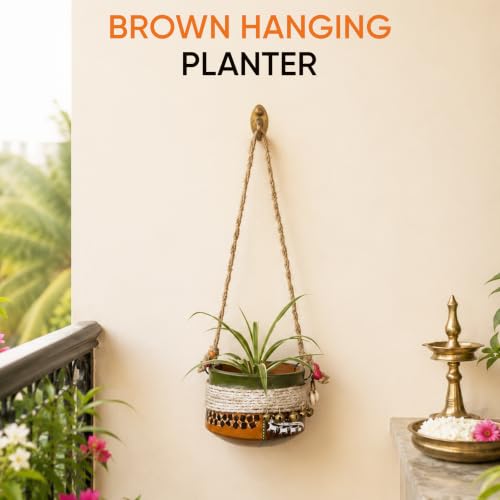 Image of AAKRITI ART CREATIONS Terracotta Hanging Planter | Jute Embellished Brown Earthen Design, Modern Art, Matte Finish | Decorative Hanging Pot for Indoor & Outdoor Home Decor