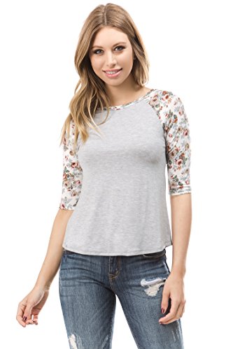 Bubble B Women's Raglan Top with Floral Print Sleeves Junior Size Grey Ivory S