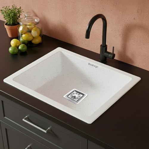 Image of BASINQU Quartz Sink for Kitchen | 21x18x9 Inches Quartz Kitchen Sink Sand-Pluto | Granite Sink For Kitchen Basin UV Protected, Granite Scratch Resistant, Undermount /Topmount Sinks