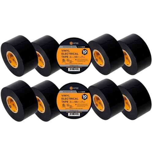 Image of GTSE Wide Black Electrical Tape, 10 Rolls - Waterproof, Industrial Grade Vinyl, 2 in x 66ft- Strong Self-Adhesive PVC Electric Tape for Wire Insulation, 7 Mil, 600V - UL /CSA Listed