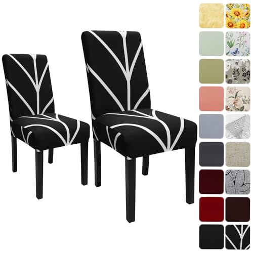 Keyroal Dining Room Chair Covers Set of 2, Stretch Printed Parsons Chair Slipcovers Spandex Removable Washable Kitchen Chair Protector Cover for Dining Room, Hotel, Ceremony(Black)